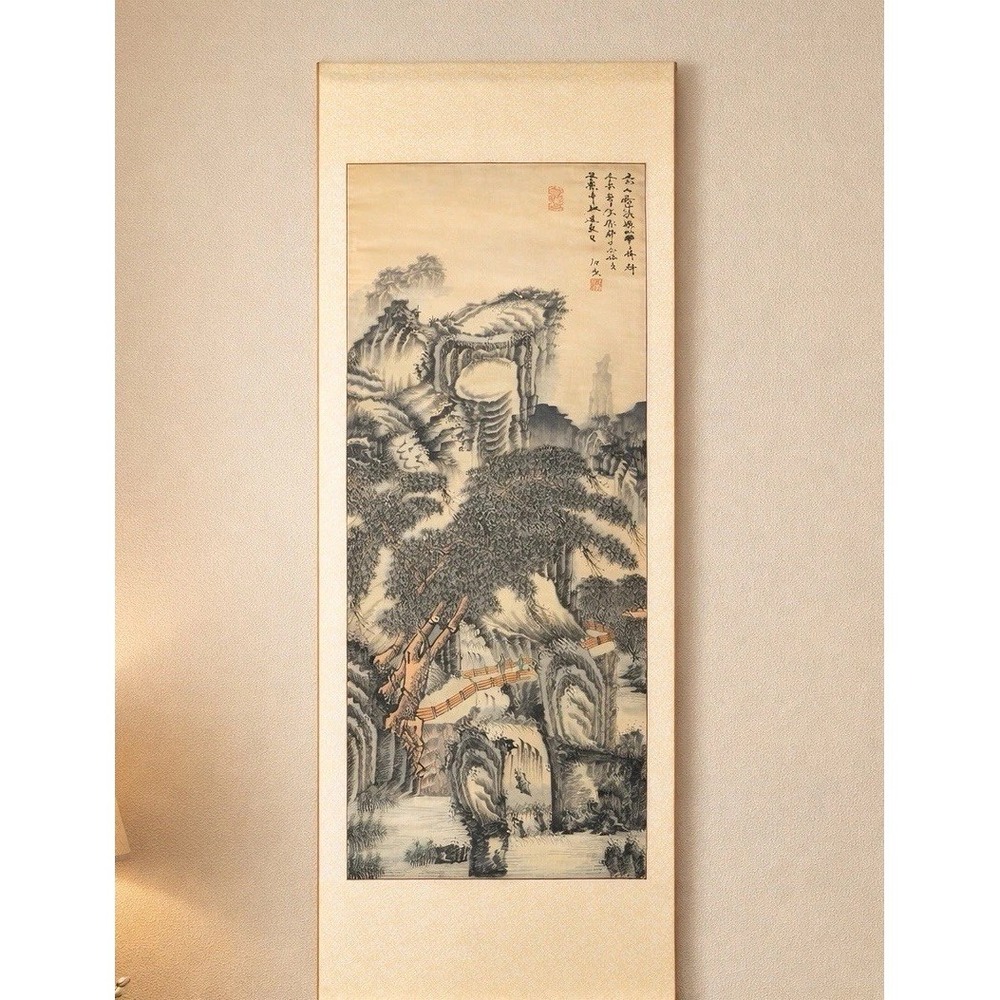 Chinese Oriental Landscape Hanging Scroll Ink Painting Silk Mount Wall Art - Picture 3 of 9